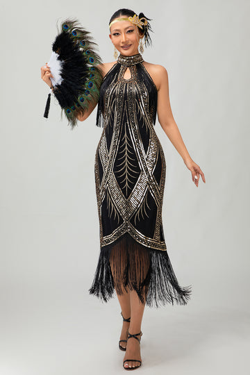 Bodycon Halter Black Golden Sequin 1920s Dress With Fringes